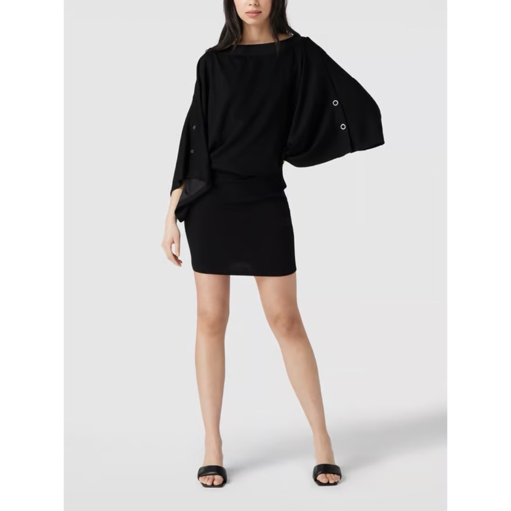 AX • Knee-length off-shoulder dress with trumpet sleeves in black